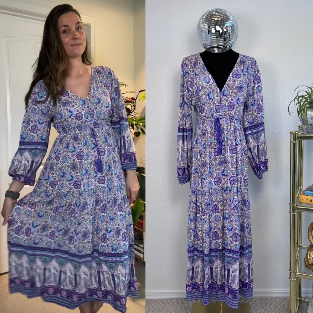 Few Moda Purple Floral Paisley Boho Maxi Dress Small, Bohemian Festival Ethereal